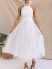 Women's Prom Dress Party Dress Homecoming Dress Long Dress Maxi Dress Black White Yellow Sleeveless Pure Color Mesh Summer Spring Halter Neck Fashion Evening Party Wedding Guest Vacation