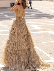 Ball Gown A-Line Prom Dresses Elegant Dress Formal Prom Floor Length Sleeveless V Neck Tulle with Ruched