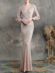 Mermaid / Trumpet Evening Gown Sparkle Dress Party Dress Wedding Guest Floor Length Long Sleeve V Neck Sequined with Sequin