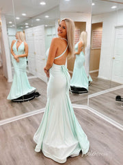 Olive Green Mermaid Satin Prom Dresses Plunging V-Neck Evening Dress FD2662
