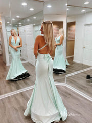 Olive Green Mermaid Satin Prom Dresses Plunging V-Neck Evening Dress FD2662