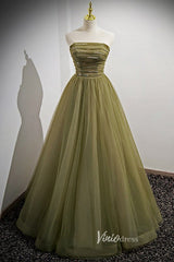 Olive Green Puffed Sleeve Prom Dresses Beaded Tulle Formal Dress FD90013