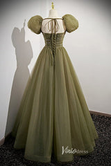 Olive Green Puffed Sleeve Prom Dresses Beaded Tulle Formal Dress FD90013