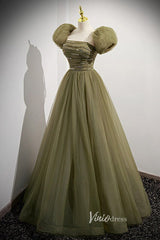 Olive Green Puffed Sleeve Prom Dresses Beaded Tulle Formal Dress FD90013