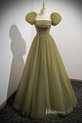 Olive Green Puffed Sleeve Prom Dresses Beaded Tulle Formal Dress FD90013