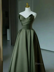 Olive Green Satin Strapless Prom Dresses with Sweetheart Neckline & Corset Back - FD5291
