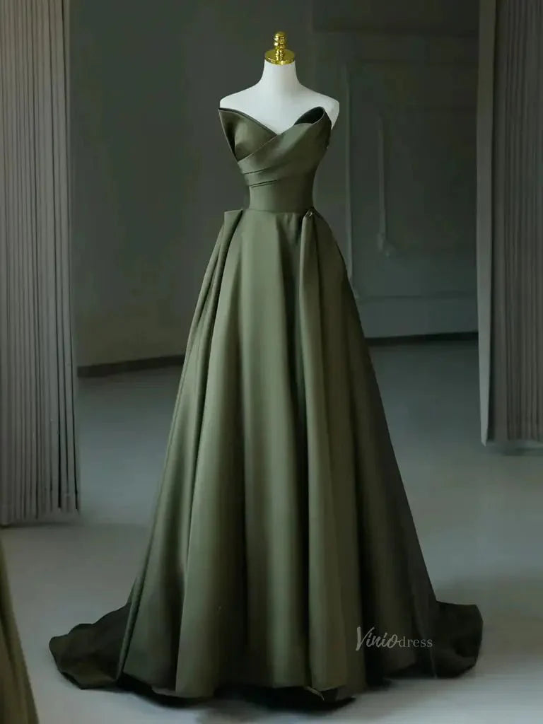 Olive Green Satin Strapless Prom Dresses with Sweetheart Neckline & Corset Back - FD5291