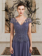 A-Line Mother of the Bride Dress Plus Size Elegant V Neck Floor Length Chiffon Lace Sequined Short Sleeve with Pleats Appliques