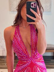 Ollie | Fuchsia Halter Mermaid Beaded Prom Dress With Split