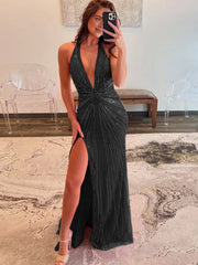 Ollie | Fuchsia Halter Mermaid Beaded Prom Dress With Split