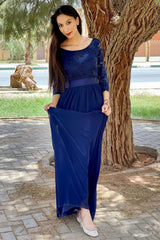 Blue Round Neck Half Sleeve Long Bridesmaid Dress