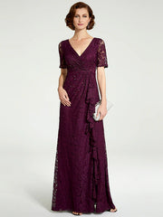 Sheath / Column Mother of the Bride Dress V Neck Floor Length Lace Short Sleeve with Lace