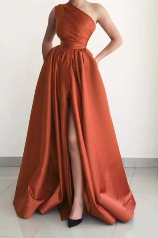 One-Shoulder A-Line Prom Gown with Split and Pockets