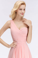 One Shoulder A-line Ruched Chiffon Bridesmaid Dress Sleeveless Wedding Guest Dress