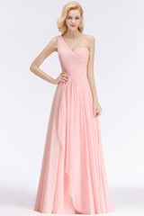 One Shoulder A-line Ruched Chiffon Bridesmaid Dress Sleeveless Wedding Guest Dress