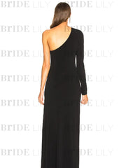 One Shoulder Black Long Prom with High Slit Black Velvet Formal Evening Dress