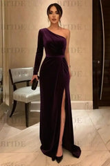 One Shoulder Black Long Prom with High Slit Black Velvet Formal Evening Dress