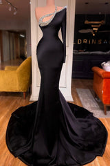 One-Shoulder Black Mermaid Prom Dress Long with Beads