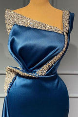 One Shoulder Blue Beading Sequns Long Mermaid Prom Dress