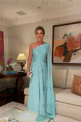 One Shoulder Chiffon Lace Aline Wedding Guest Dress with Cape