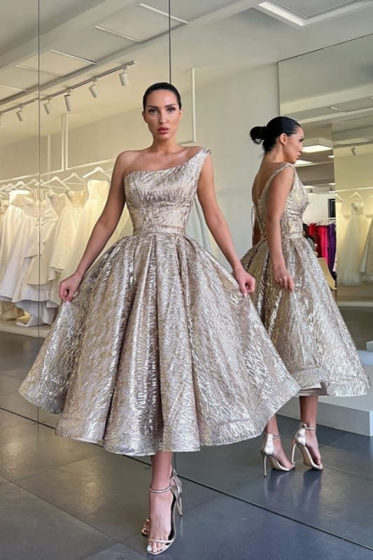 One Shoulder Glitter Gold Tea Length Evening Dress Sequins Wedding Guest Dress