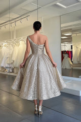 One Shoulder Glitter Gold Tea Length Evening Dress Sequins Wedding Guest Dress