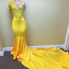 One Shoulder Goldenrod Mermaid Prom Gown with Appliques