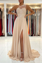 One-Shoulder Lace Appliques Prom Dress Long With Slit