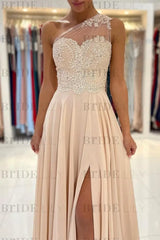 One-Shoulder Lace Appliques Prom Dress Long With Slit