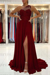 One-Shoulder Lace Appliques Prom Dress Long With Slit