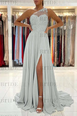 One-Shoulder Lace Appliques Prom Dress Long With Slit