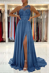 One-Shoulder Lace Appliques Prom Dress Long With Slit