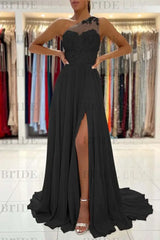 One-Shoulder Lace Appliques Prom Dress Long With Slit