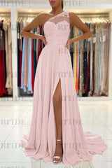 One-Shoulder Lace Appliques Prom Dress Long With Slit