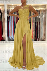 One-Shoulder Lace Appliques Prom Dress Long With Slit