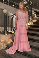 One-Shoulder Long A-Line Chiffon Lace Evening Dresses with Beads