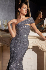 Cinderella Divine CD980 One Shoulder Long Mermaid Prom Sequin Dress