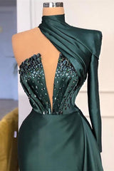 One Shoulder Long Prom Dress Dark Green High Neck Satin Evening Dress