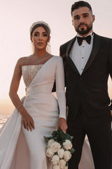 One Shoulder Long Sleeves Wedding Dress With Sparkling Sequins