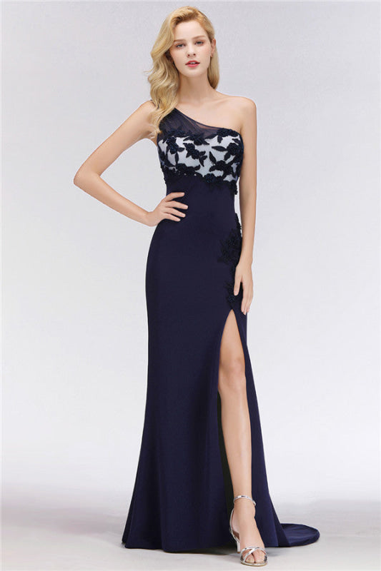 One-Shoulder Mermaid Navy Bridesmaid Dresses with Slit