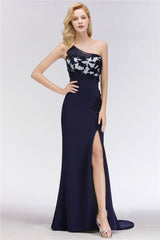 One-Shoulder Mermaid Navy Bridesmaid Dresses with Slit