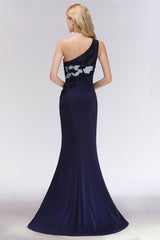 One-Shoulder Mermaid Navy Bridesmaid Dresses with Slit