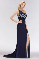 One-Shoulder Mermaid Navy Bridesmaid Dresses with Slit