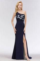 One-Shoulder Mermaid Navy Bridesmaid Dresses with Slit