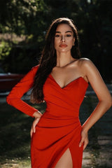 One-Shoulder Pleated Charmeuse Prom Dress with Sexy Slit