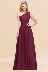 One Shoulder Pleated Chiffon A-line Bridesmaid Dress Burgundy