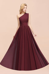 One Shoulder Pleated Chiffon A-line Bridesmaid Dress Burgundy