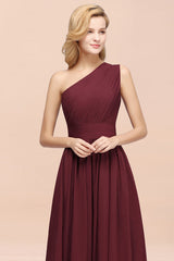 One Shoulder Pleated Chiffon A-line Bridesmaid Dress Burgundy