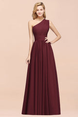 One Shoulder Pleated Chiffon A-line Bridesmaid Dress Burgundy