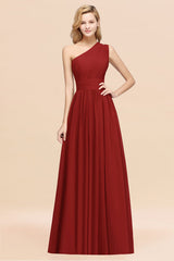 One Shoulder Pleated Chiffon A-line Bridesmaid Dress Burgundy